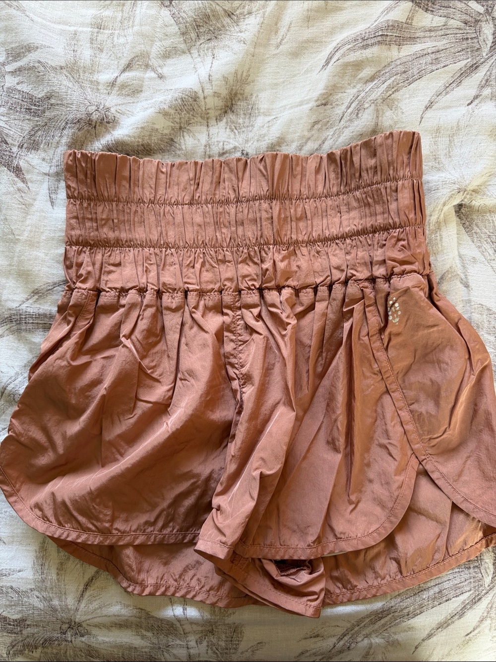 FP Movement by Free People Smocked High-Waist Athletic Shorts — Rust